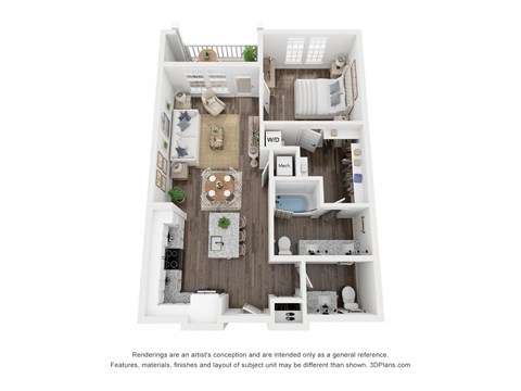 Floor plan for 1 bed, 1.5 baths, 809 sqft